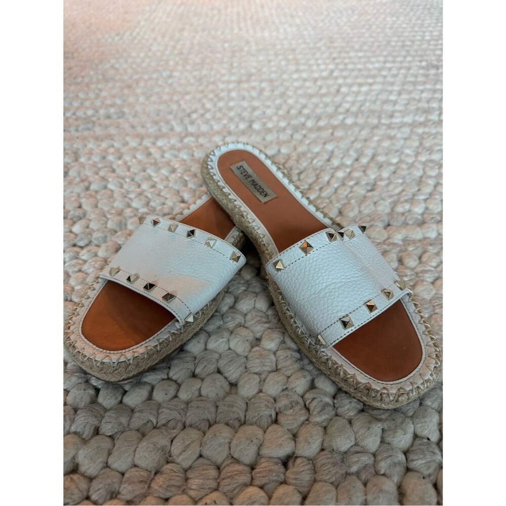 Steve Madden White Studded Leather Espadrille Slide Sandals Size 9